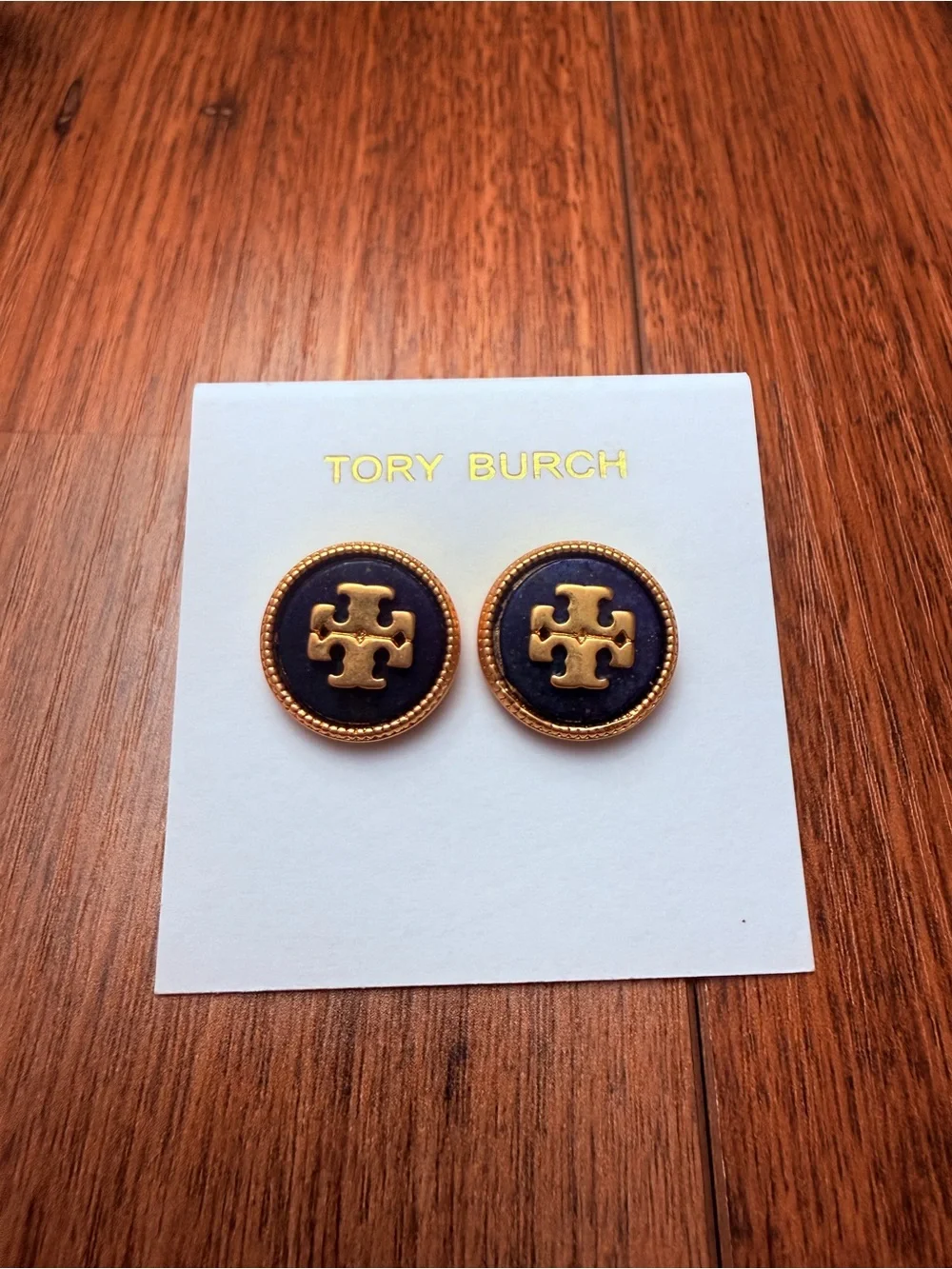 Tory Burch Navy and Gold Logo Button Necklace Pendant